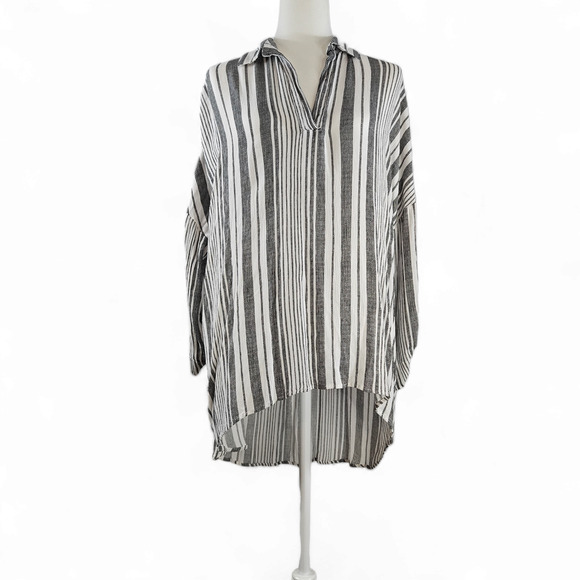 GIGIO USA Boho Hi-Lo Button Up Top Roll Tab Sleeves Sz. L Gray White Stripe - Picture 2 of 9